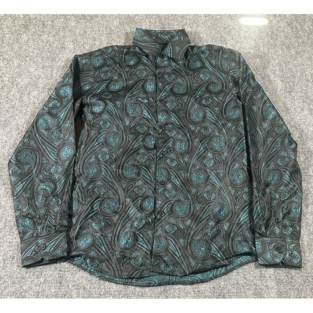 Barry Wang Mens Medium Green Button Up L/S Shirt Paisley Silky AOP